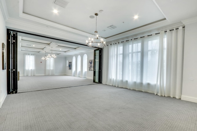 8660 W Parkland Bay Trl, Parkland, FL 33076 - empty room with a chandelier, carpet, coffered ceiling, crown molding, and a tray ceiling