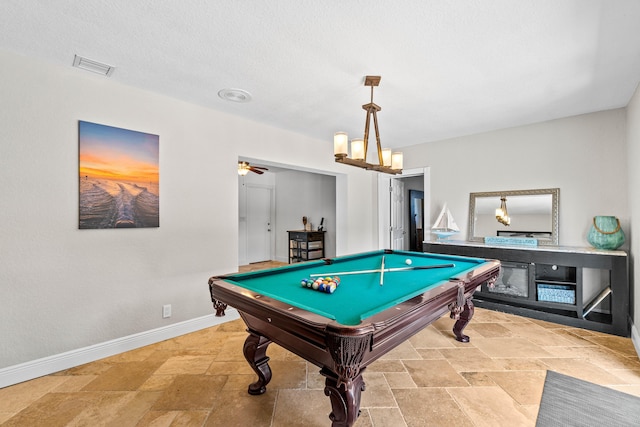 977 W Royal Palm Rd, Boca Raton, FL 33486 - playroom featuring stone tile flooring, baseboards, pool table, and ceiling fan