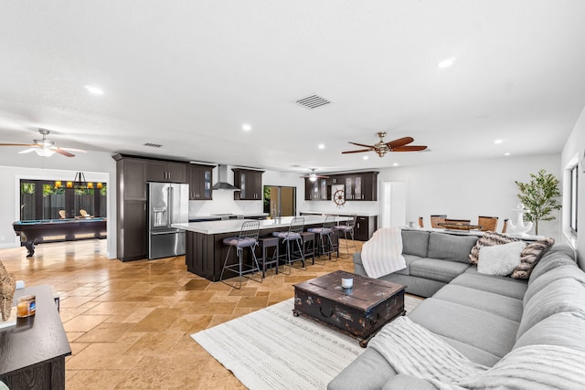 977 W Royal Palm Rd, Boca Raton, FL 33486 - living area featuring a ceiling fan, pool table, recessed lighting, and stone tile flooring