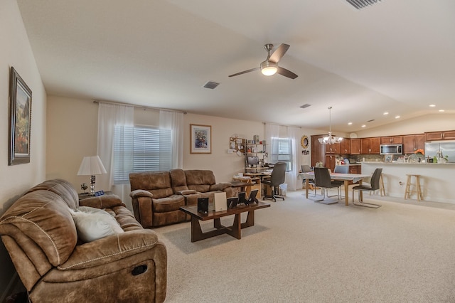 29 Mediterranean Blvd W, Port Saint Lucie, FL 34952 - living area featuring ceiling fan, light colored carpet, lofted ceiling, a chandelier, and recessed lighting