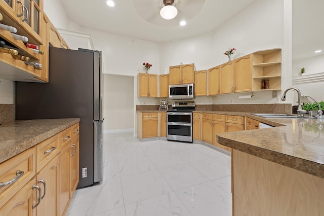 6839 Banyan Blvd, The Acreage, FL 33470 - kitchen featuring appliances with stainless steel finishes, open shelves, a sink, light marble finish flooring, and a ceiling fan