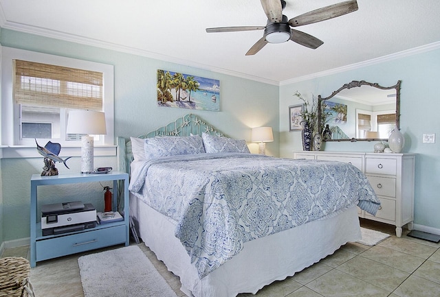 1177 Bayshore Dr Unit 207, Fort Pierce, FL 34949 - bedroom featuring ornamental molding, baseboards, light tile patterned floors, and ceiling fan