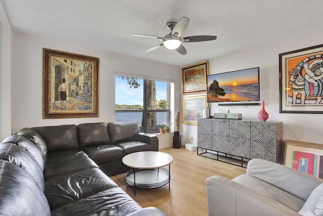 2850 Carambola Cir S Unit 19121, Coconut Creek, FL 33066 - living area with wood finished floors, ceiling fan, and a textured ceiling