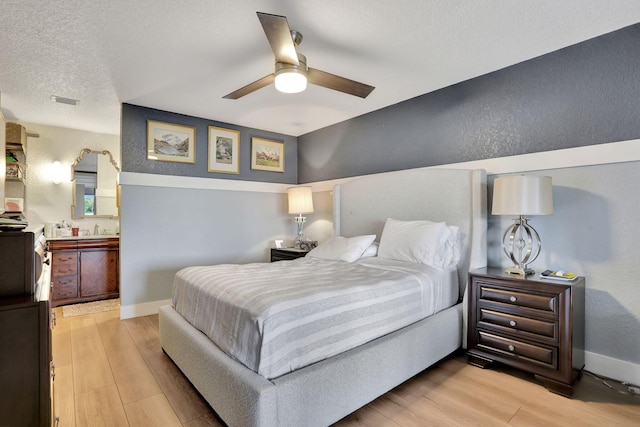2850 Carambola Cir S Unit 19121, Coconut Creek, FL 33066 - bedroom featuring light wood-type flooring, a textured ceiling, a textured wall, ceiling fan, and connected bathroom
