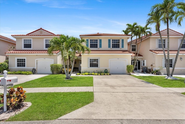 7930 Nolting Ct, Lake Worth, FL 33467 - mediterranean / spanish home featuring concrete driveway, a garage, stucco siding, and a front lawn