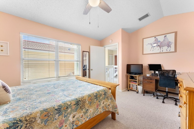 7930 Nolting Ct, Lake Worth, FL 33467 - carpeted bedroom with lofted ceiling, a desk, a textured ceiling, baseboards, and a ceiling fan