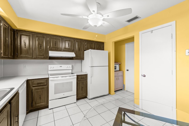 4731 Storkwood Ln Unit A, Boynton Beach, FL 33436 - kitchen featuring white appliances, under cabinet range hood, ceiling fan, dark brown cabinetry, and light countertops