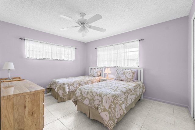 4731 Storkwood Ln Unit A, Boynton Beach, FL 33436 - bedroom featuring multiple windows, light tile patterned flooring, a textured ceiling, and ceiling fan
