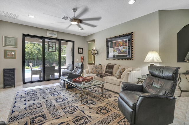 4884 SW Gossamer Cir, Palm City, FL 34990 - living area featuring ceiling fan, baseboards, light tile patterned floors, recessed lighting, and a textured ceiling