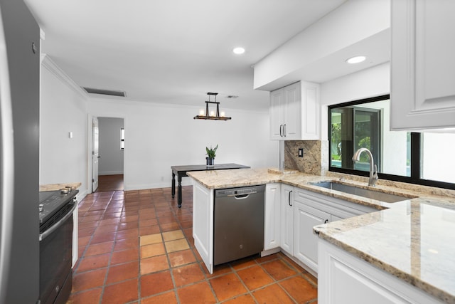 1318 NW 4th St, Boca Raton, FL 33486 - kitchen with black electric range, dishwasher, backsplash, ornamental molding, and white cabinets