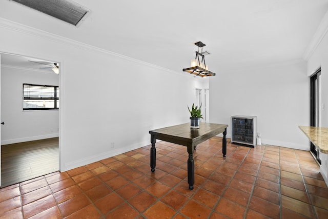 1318 NW 4th St, Boca Raton, FL 33486 - tiled dining room featuring crown molding, wine cooler, and a ceiling fan