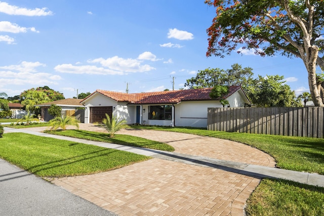 1318 NW 4th St, Boca Raton, FL 33486 - ranch-style house featuring stucco siding, decorative driveway, an attached garage, and a tile roof