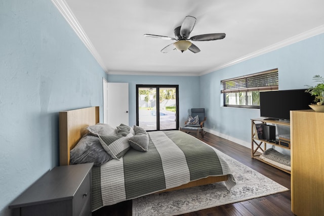 1318 NW 4th St, Boca Raton, FL 33486 - bedroom featuring access to exterior, multiple windows, ornamental molding, and dark wood-style flooring