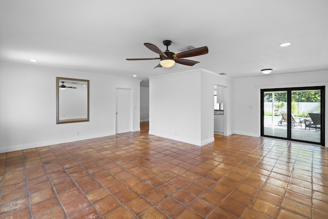 1318 NW 4th St, Boca Raton, FL 33486 - unfurnished living room with recessed lighting, ornamental molding, tile patterned floors, and ceiling fan