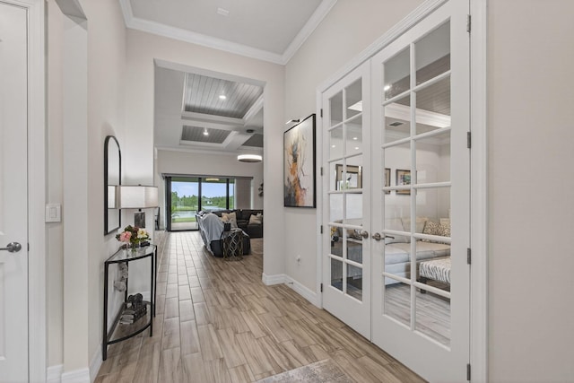 11620 Sally Ann Dr, Palm Beach Gardens, FL 33412 - hall featuring french doors, crown molding, coffered ceiling, baseboards, and light wood-style flooring