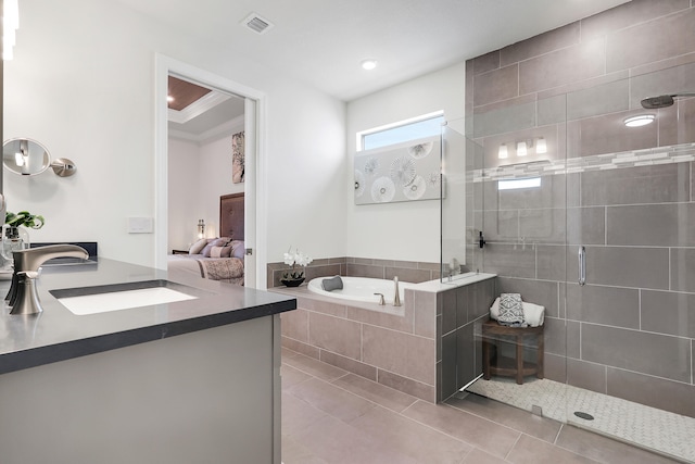 11620 Sally Ann Dr, Palm Beach Gardens, FL 33412 - ensuite bathroom with a garden tub, a stall shower, vanity, tile patterned floors, and recessed lighting