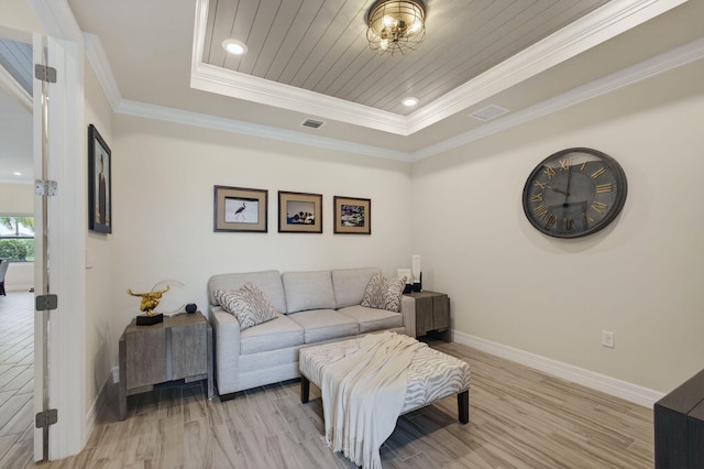 11620 Sally Ann Dr, Palm Beach Gardens, FL 33412 - living room featuring a tray ceiling, light wood-type flooring, baseboards, crown molding, and recessed lighting