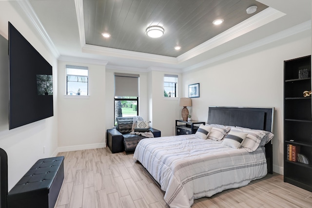 11620 Sally Ann Dr, Palm Beach Gardens, FL 33412 - bedroom with a raised ceiling, ornamental molding, light wood finished floors, recessed lighting, and baseboards