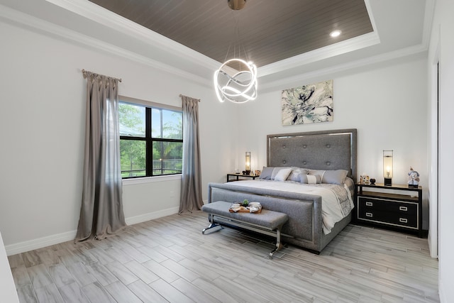 11620 Sally Ann Dr, Palm Beach Gardens, FL 33412 - bedroom with a tray ceiling, crown molding, baseboards, light wood-style flooring, and recessed lighting