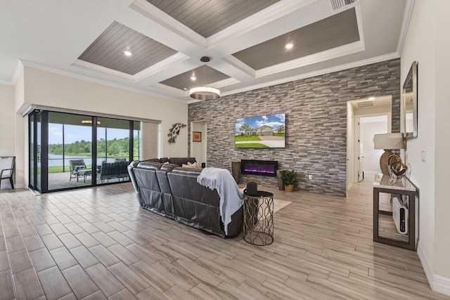 11620 Sally Ann Dr, Palm Beach Gardens, FL 33412 - living area featuring crown molding, beam ceiling, a fireplace, coffered ceiling, and light wood-style flooring