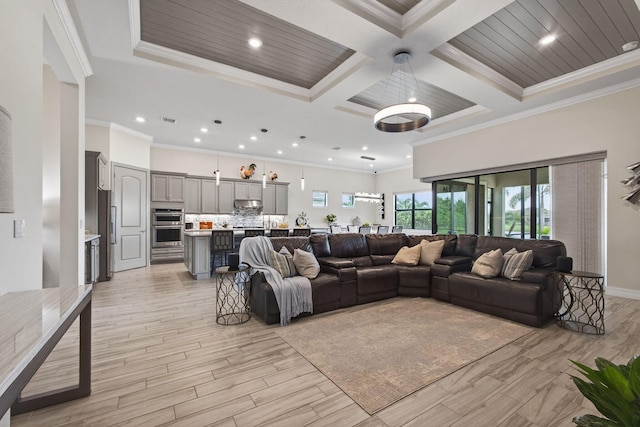 11620 Sally Ann Dr, Palm Beach Gardens, FL 33412 - living area with ornamental molding, recessed lighting, light wood-type flooring, beam ceiling, and baseboards