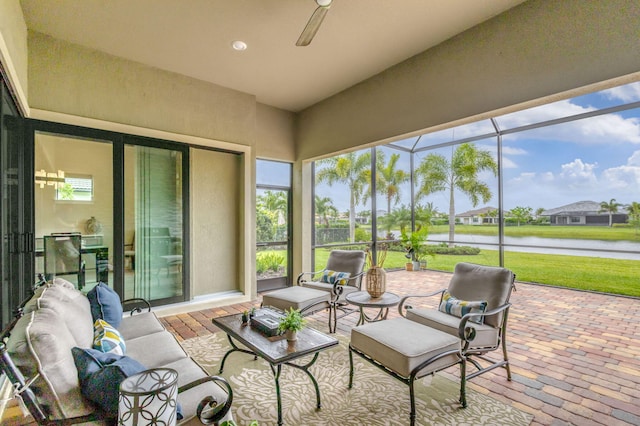 11620 Sally Ann Dr, Palm Beach Gardens, FL 33412 - sunroom featuring a water view, an outdoor living space, and ceiling fan