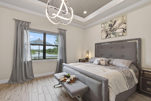 11620 Sally Ann Dr, Palm Beach Gardens, FL 33412 - bedroom featuring ornamental molding, a chandelier, a raised ceiling, baseboards, and wood finished floors