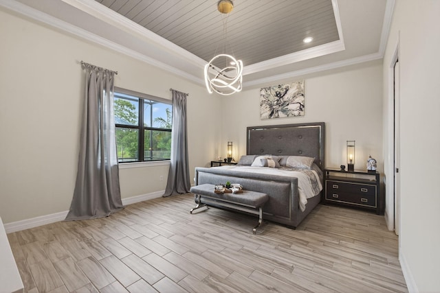 11620 Sally Ann Dr, Palm Beach Gardens, FL 33412 - bedroom with a tray ceiling, a chandelier, baseboards, crown molding, and light wood finished floors