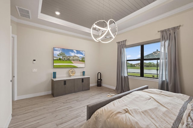 11620 Sally Ann Dr, Palm Beach Gardens, FL 33412 - bedroom with a raised ceiling, crown molding, light wood-type flooring, a chandelier, and baseboards