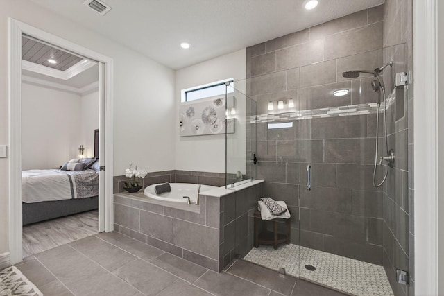 11620 Sally Ann Dr, Palm Beach Gardens, FL 33412 - full bath featuring a garden tub, a shower stall, ensuite bathroom, ornamental molding, and recessed lighting