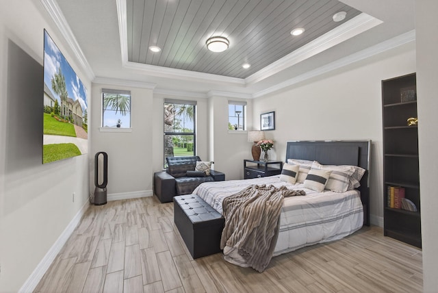 11620 Sally Ann Dr, Palm Beach Gardens, FL 33412 - bedroom featuring a tray ceiling, ornamental molding, light wood-style floors, baseboards, and recessed lighting