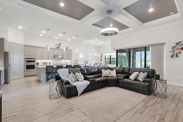 11620 Sally Ann Dr, Palm Beach Gardens, FL 33412 - living area with recessed lighting, ornamental molding, beamed ceiling, baseboards, and coffered ceiling