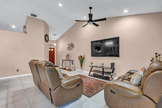5830 Parkwalk Cir W, Boynton Beach, FL 33472 - living area featuring ceiling fan, light tile patterned floors, lofted ceiling, recessed lighting, and baseboards
