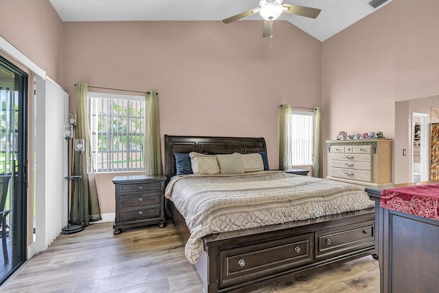 5830 Parkwalk Cir W, Boynton Beach, FL 33472 - bedroom with high vaulted ceiling, light wood finished floors, ceiling fan, and baseboards