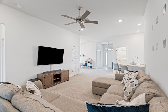 5309 Vespera St, Fort Pierce, FL 34951 - living area featuring light carpet, a ceiling fan, recessed lighting, and baseboards