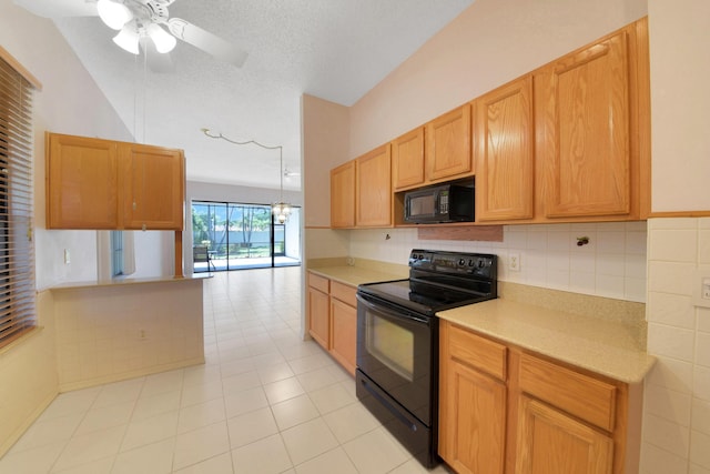 4560 Sherwood Forest Dr, Delray Beach, FL 33445 - kitchen with black appliances, light countertops, a ceiling fan, backsplash, and light tile patterned flooring