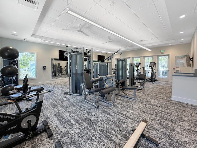4560 Sherwood Forest Dr, Delray Beach, FL 33445 - gym with carpet, baseboards, a ceiling fan, and recessed lighting