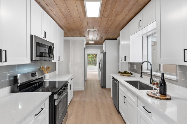 709 SW Bryant Ave, Stuart, FL 34994 - kitchen with appliances with stainless steel finishes, a sink, light wood-style flooring, wood ceiling, and white cabinetry