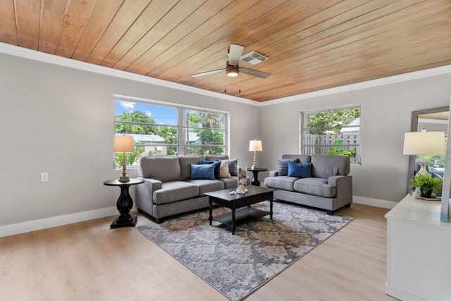 709 SW Bryant Ave, Stuart, FL 34994 - living area featuring wooden ceiling, ornamental molding, healthy amount of natural light, ceiling fan, and baseboards