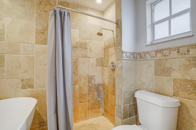 6650 NW 22nd Ct, Margate, FL 33063 - bathroom featuring tile walls, toilet, a tile shower, a bath, and recessed lighting