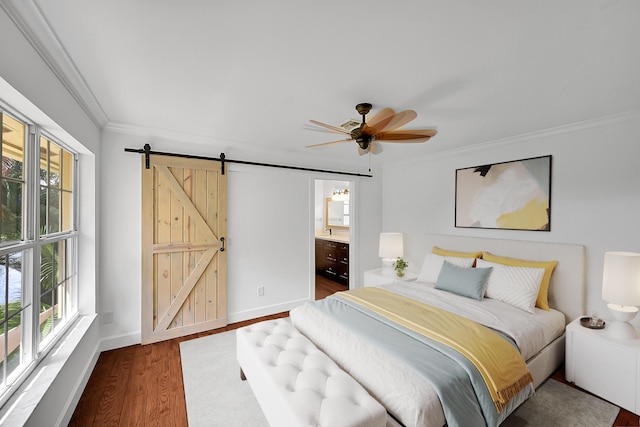 2934 SW 22nd Cir Unit 12A, Delray Beach, FL 33445 - bedroom with multiple windows, ornamental molding, a barn door, wood finished floors, and a ceiling fan