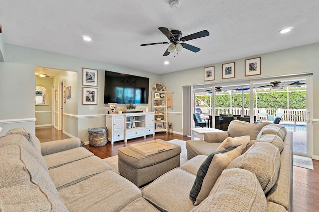 9674 Dogwood Ave, Palm Beach Gardens, FL 33410 - living room with a ceiling fan, wood finished floors, recessed lighting, and baseboards
