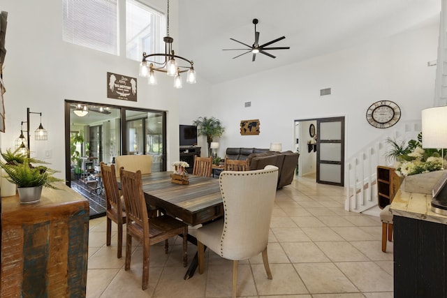 5625 Lakeview Mews Ct, Boynton Beach, FL 33437 - dining area with high vaulted ceiling, ceiling fan, light tile patterned floors, and plenty of natural light