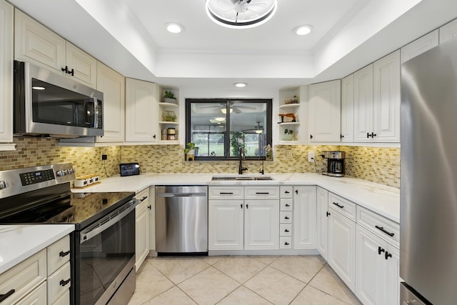 5625 Lakeview Mews Ct, Boynton Beach, FL 33437 - kitchen with appliances with stainless steel finishes, open shelves, a sink, and light tile patterned floors