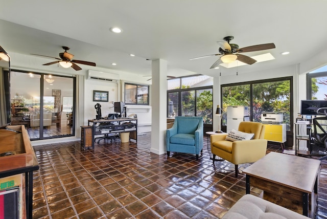5625 Lakeview Mews Ct, Boynton Beach, FL 33437 - living room featuring a ceiling fan, a wall mounted air conditioner, a desk, and recessed lighting