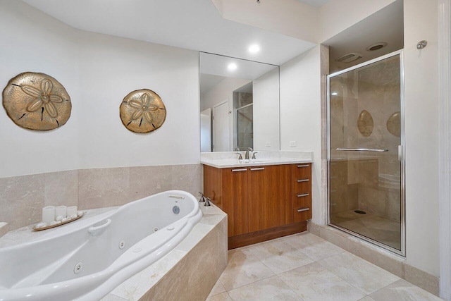 2640 Lake Shore Dr Unit 2409, Riviera Beach, FL 33404 - bathroom with a stall shower, vanity, and a jetted tub