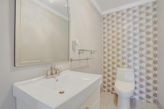 4040 Gem Lake Dr, Glen Ridge, FL 33406 - half bath featuring toilet, vanity, ornamental molding, and baseboards