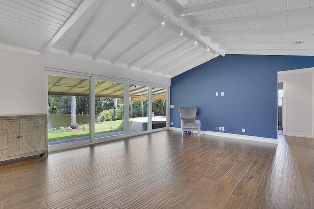 4040 Gem Lake Dr, Glen Ridge, FL 33406 - unfurnished living room with track lighting, baseboards, wood finished floors, healthy amount of natural light, and wooden ceiling