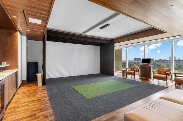 220 SE Mizner Blvd Unit 409, Boca Raton, FL 33432 - recreation room featuring golf simulator, wooden ceiling, light wood-style flooring, recessed lighting, and expansive windows