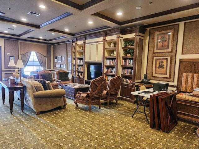 296 NW Toscane Trl, Port Saint Lucie, FL 34986 - living area featuring a decorative wall, carpet floors, coffered ceiling, beamed ceiling, and ornamental molding